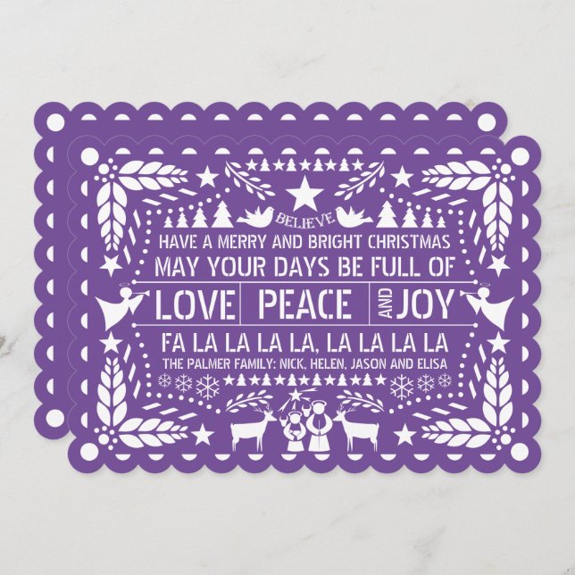 Cartes Pour Fêtes Annuelles Purple Love Peace Joie papel picado Noël (Devant / Derrière)