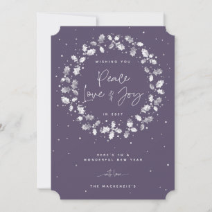 Cartes Pour Fêtes Annuelles Purple Peace Love + Joy Hand Imprimé Holly Wreath
