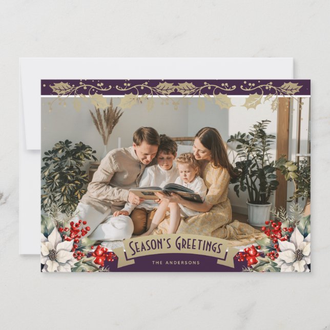 Cartes Pour Fêtes Annuelles Purple Photo Holly Snowflakes Season's Greetings (Devant)