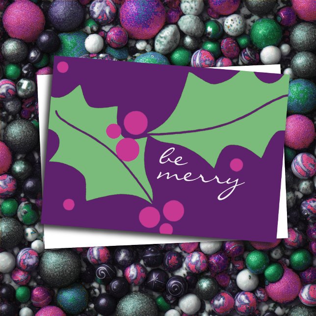 Cartes Pour Fêtes Annuelles Purple Rose Vert Soyez Joyeux Noël de houx (Créateur téléchargé)