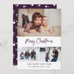 Cartes Pour Fêtes Annuelles Purple Script Stars Christmas 3 Photo Collage