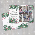 Cartes Pour Fêtes Annuelles QR Code Christmas Holly Greenery 5 Photo Collage<br><div class="desc">Cette année, célébrez les joyeuses merveilles de la technologie moderne avec un code QR interactif amusant photo collage carte de vacances. Partagez cinq de vos photos préférées ainsi qu'un message vidéo en ligne, une chanson, un album photo ou un autre site Web. Tout le texte sur ce modèle est simple...</div>