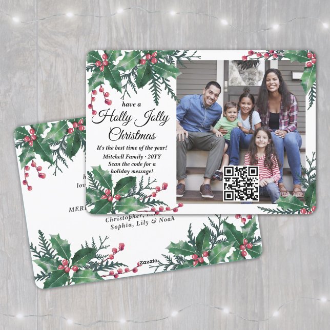 Cartes Pour Fêtes Annuelles QR Code Holly Jolly Christmas Greenery 1 Photo (Créateur téléchargé)
