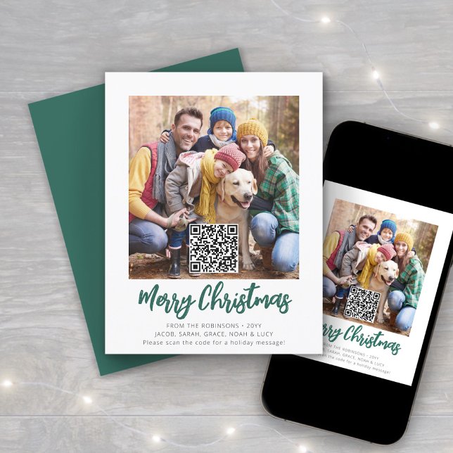 Cartes Pour Fêtes Annuelles QR Code Vert Brossé Script Joyeux Noël Photo (Créateur téléchargé)