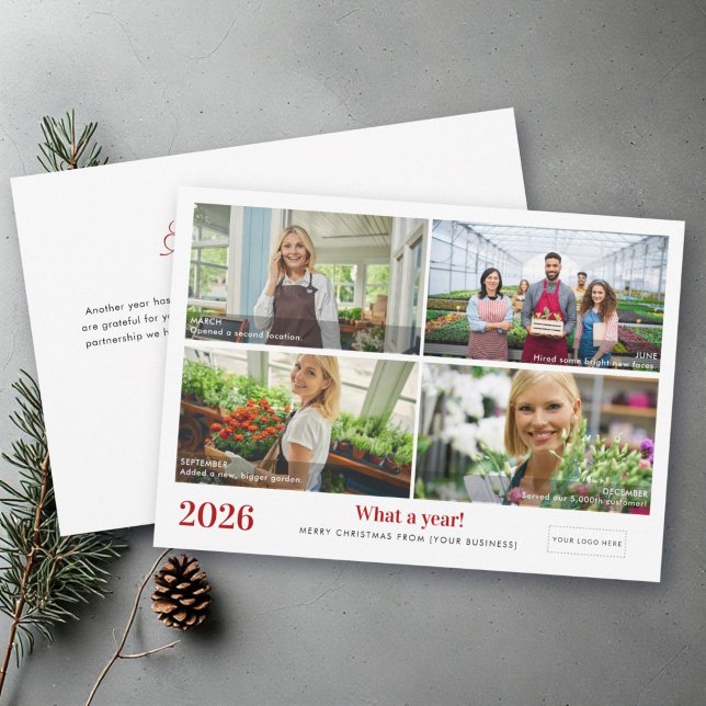 Cartes Pour Fêtes Annuelles Quadrillage de quatre photos Bilan annuel Logo d'e (business holiday photo collage card what a year in review modern minimalist elegant script your logo)