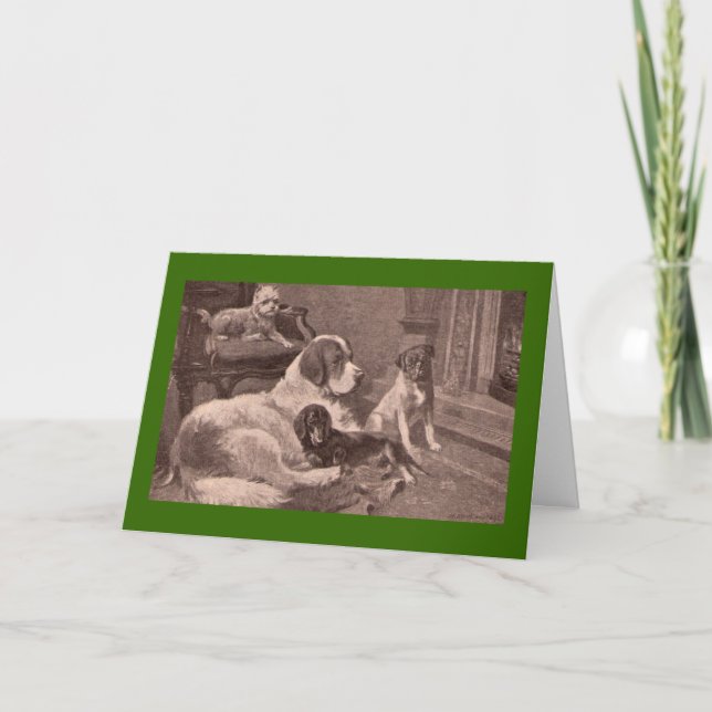 Cartes Pour Fêtes Annuelles Quatre chiens par le coin du feu (Devant)