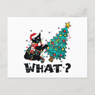Cartes Pour Fêtes Annuelles QUEL Chat Noir Drôle de Père Noël Poussant un Sapi