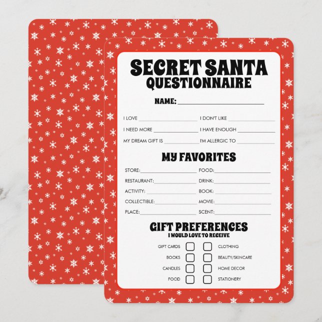 Cartes Pour Fêtes Annuelles Questionnaire cadeau Secret Père Noël (Devant / Derrière)