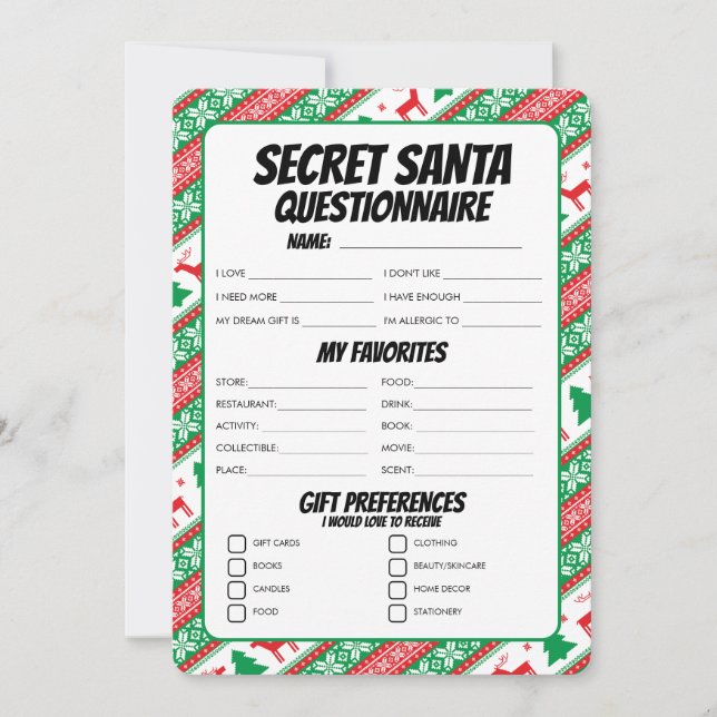 Cartes Pour Fêtes Annuelles Questionnaire sur les cadeaux de Père Noël (Devant)