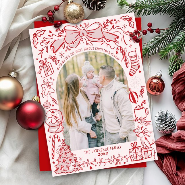 Cartes Pour Fêtes Annuelles Quirky Hand Drawn Bow Pink and Red Photo Christmas (Bright colorful pink and red Christmas doodles hand drawn scribble illustration 2 photo holiday card)