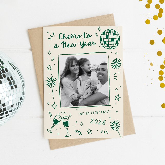 Cartes Pour Fêtes Annuelles Quirky Hand-Drawn Doodles New Year Photo Green (quirky hand-drawn New Year's card doodles)
