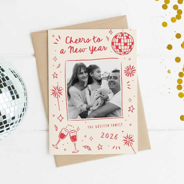 Cartes Pour Fêtes Annuelles Quirky Hand-Drawn Doodles New Year Photo Red (quirky hand-drawn New Year's card doodles)