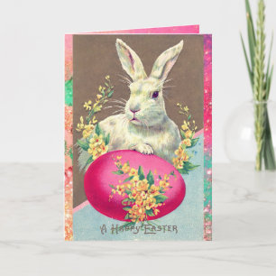 CARTES POUR FÊTES ANNUELLES RABIT BLANC AVEC OEUF DE PÂQUES ET FLEURS DE PRINT