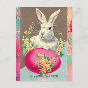 CARTES POUR FÊTES ANNUELLES RABIT BLANC AVEC OEUF DE PÂQUES ET FLEURS DE PRINT