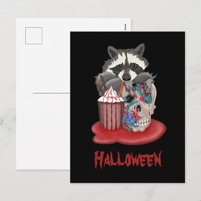 Cartes Pour Fêtes Annuelles Raccoon boit un cocktail avec crâne (Devant / Derrière)