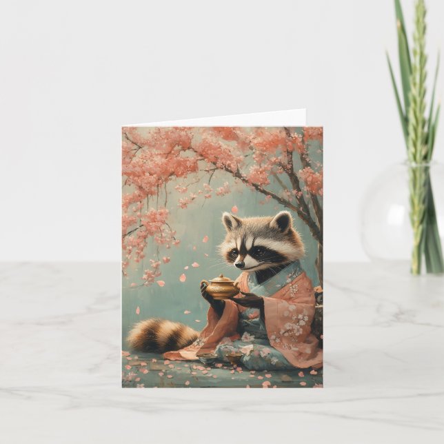 Cartes Pour Fêtes Annuelles Raccoon Bouddha : Thé Paisible Sous Cherry Tree (Devant)