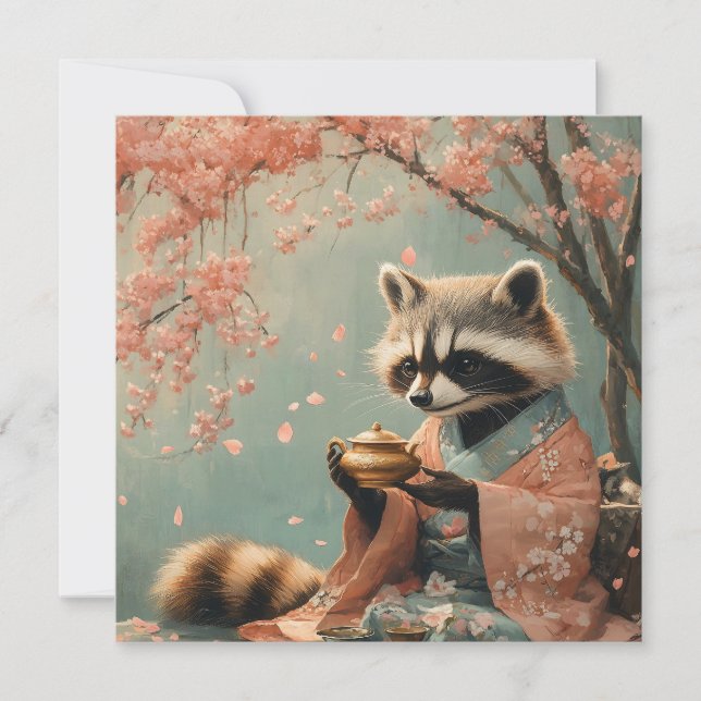 Cartes Pour Fêtes Annuelles Raccoon Bouddha : Thé Paisible Sous Cherry Tree (Devant)