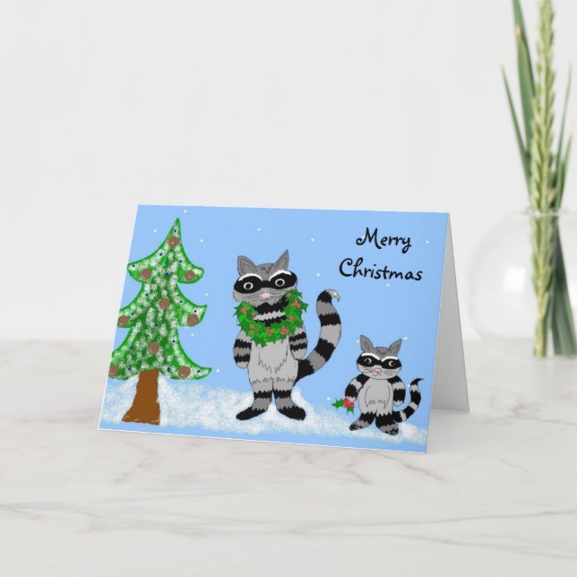 Cartes Pour Fêtes Annuelles Raccoons Joyeux Noël (Devant)