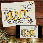 Cartes Pour Fêtes Annuelles Radiant Dove Vintage de la typographie de la paix<br><div class="desc">Design typographique avec croquis en noir et or. PEACE est écrit avec des tourbillons vintages, qui abrite une colombe avec branche d'olivier, rayonnant la lumière dorée. Le reste du texte est modifiable et se lit actuellement "[nom de la société] vous envoyer des voeux chaleureux, paix et bonne humeur". La conception...</div>
