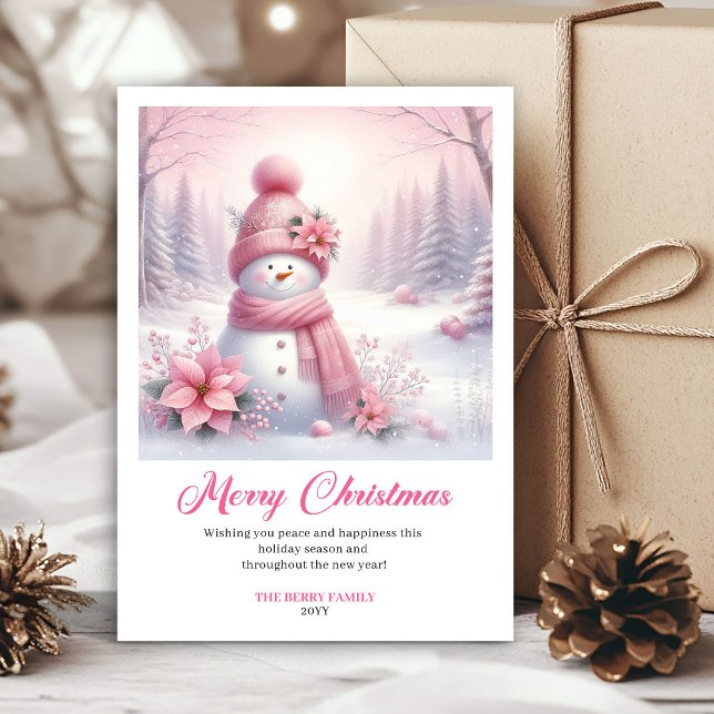Cartes Pour Fêtes Annuelles Radiant pink snowman winter kids card digital file (Radiant pink snowman winter kids card digital file)