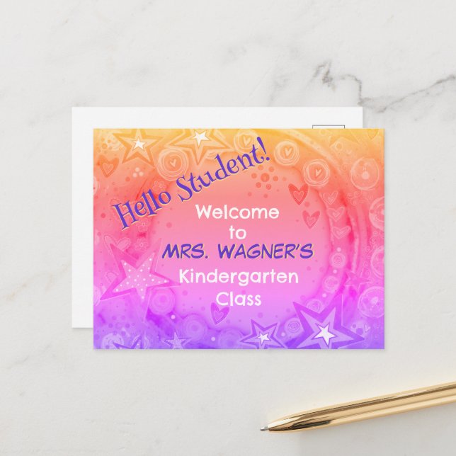 Cartes Pour Fêtes Annuelles Rainbow Stars Bienvenue À L'École Étudiante (Devant/Arrière en situation)