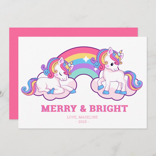 Cartes Pour Fêtes Annuelles Rainbow Unicorn Joyeux et Noël brillant (Devant / Derrière)