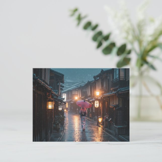 Cartes Pour Fêtes Annuelles Rainy Kyoto Evening – Tranquil Streets in Gion (Debout devant)