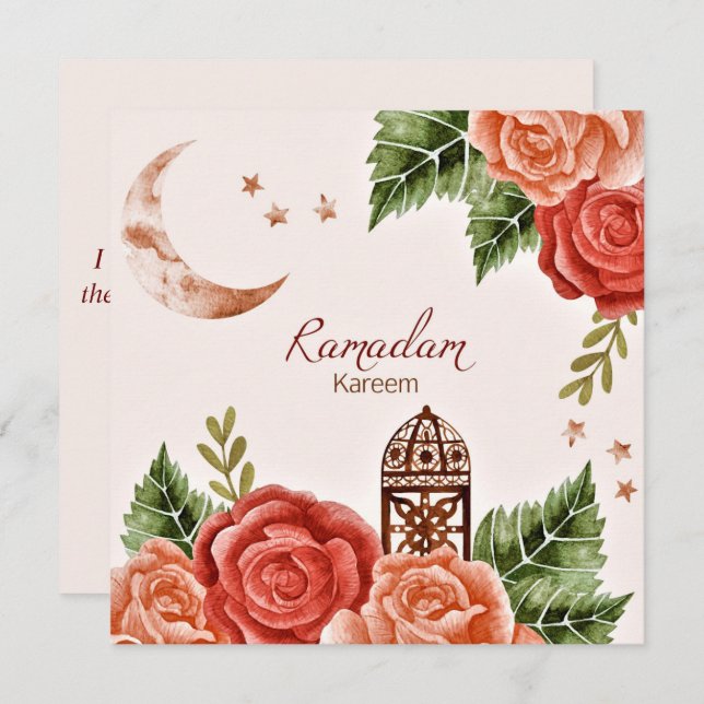 Cartes Pour Fêtes Annuelles Ramadan Kareem Aquarelle Florale Croissant Lantern (Devant / Derrière)