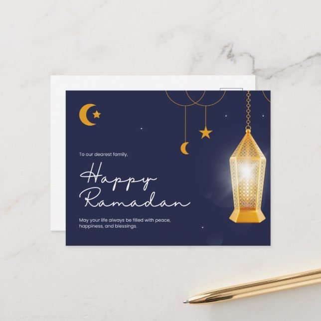 Cartes Pour Fêtes Annuelles Ramadan Kareem bleu (Devant/Arrière en situation)