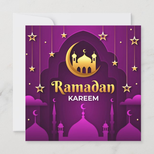 Cartes Pour Fêtes Annuelles Ramadan Kareem | Croissant d'or et mosquée (Devant)