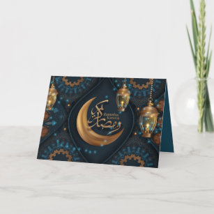 Cartes Pour Fêtes Annuelles Ramadan Moubarak Croissant d'or Motif arabe bleu 
