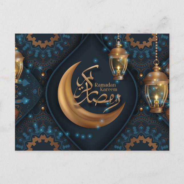 Cartes Pour Fêtes Annuelles Ramadan Moubarak Croissant d'or Motif arabe bleu (Devant)