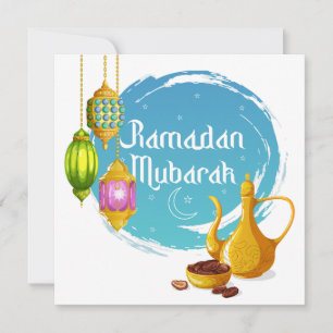 Cartes Pour Fêtes Annuelles Ramadan Moubarak Lanternes Colorées, Dattes & Théi