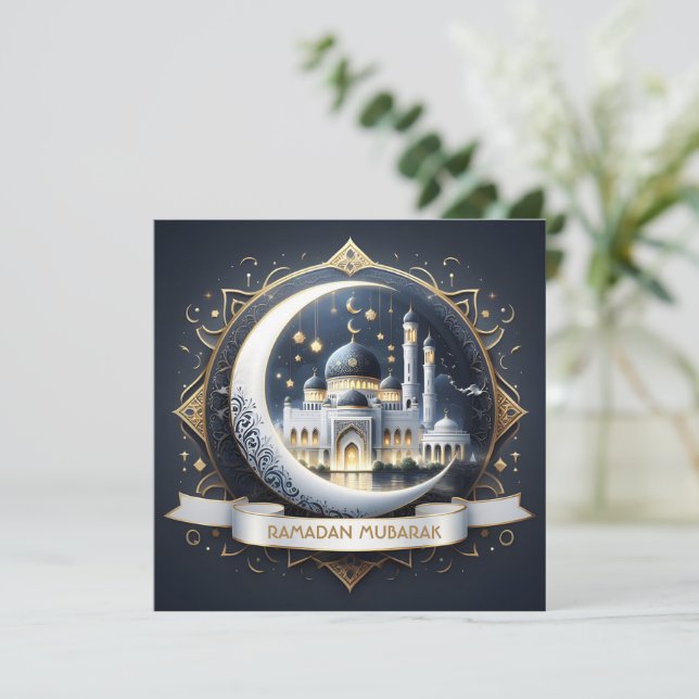 Cartes Pour Fêtes Annuelles Ramadan Moubarak Musulman Mosquée Bleu Nuit Doré (Debout devant)
