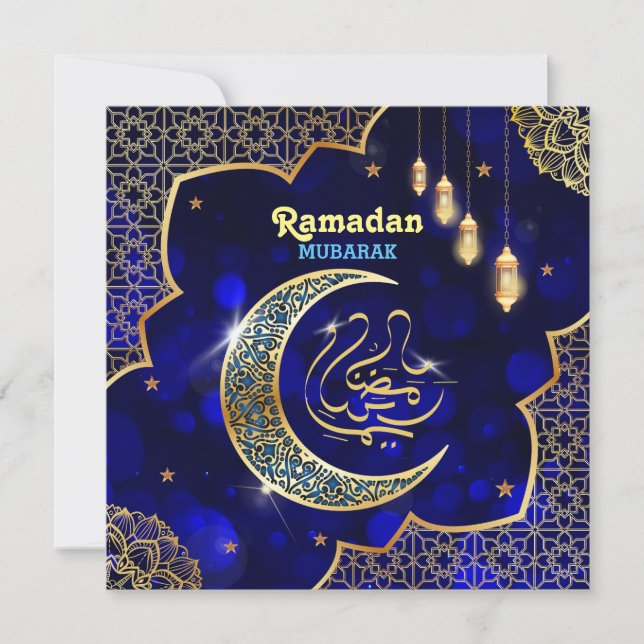 Cartes Pour Fêtes Annuelles Ramadan Mubarak Calligraphie arabe croissant doré (Devant)
