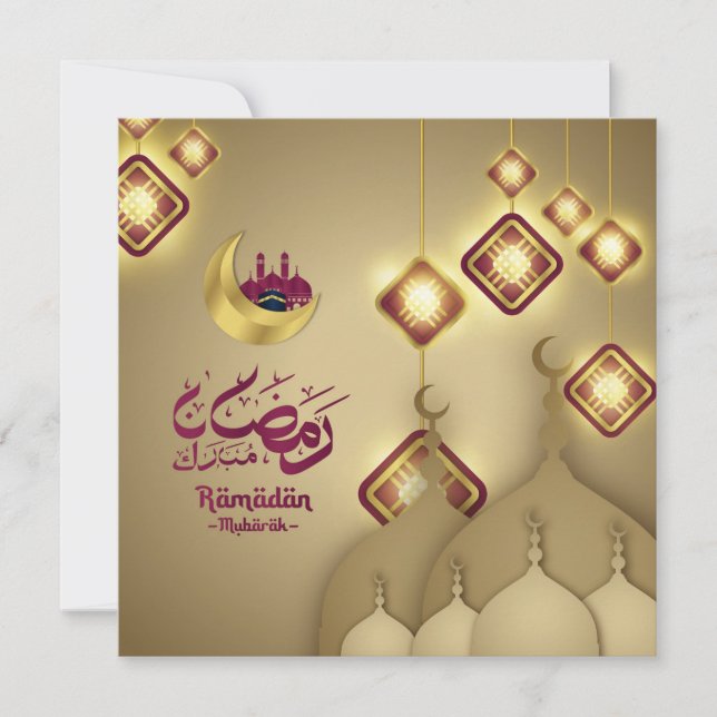 Cartes Pour Fêtes Annuelles Ramadan Mubarak Crescent Mosquée d'or pourpre (Devant)