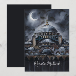 Cartes Pour Fêtes Annuelles Ramadan Mubarak Mosquée ciel lune aquarelle noire