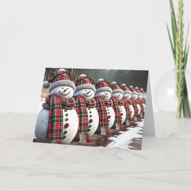 Cartes Pour Fêtes Annuelles Rangée de Snowmen portant des Écharpes Tartan (Devant)