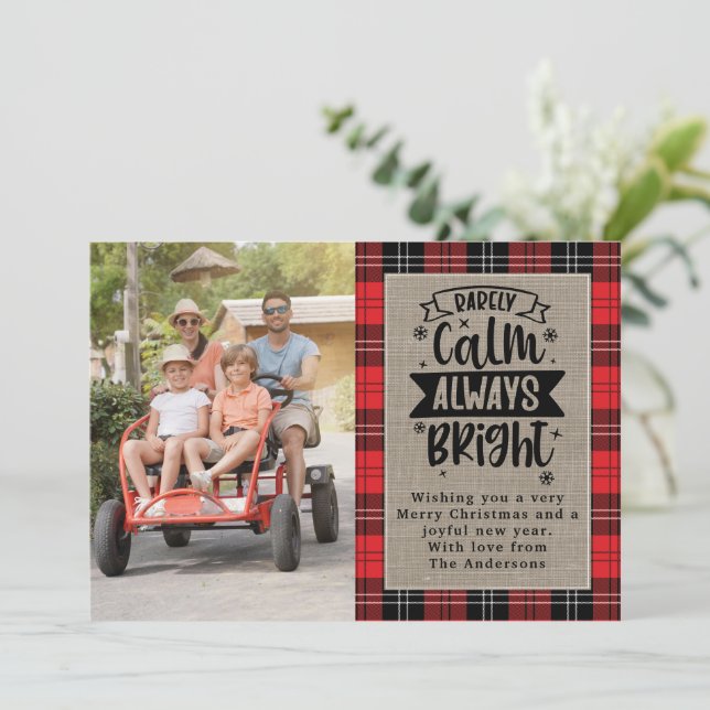 Cartes Pour Fêtes Annuelles Rarement Calme Toujours Lumineux Plaid Burlap Phot (Debout devant)
