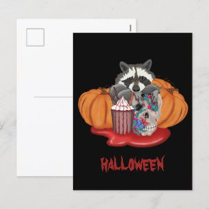 Cartes Pour Fêtes Annuelles Raton laveur d'Halloween avec crâne et citrouilles