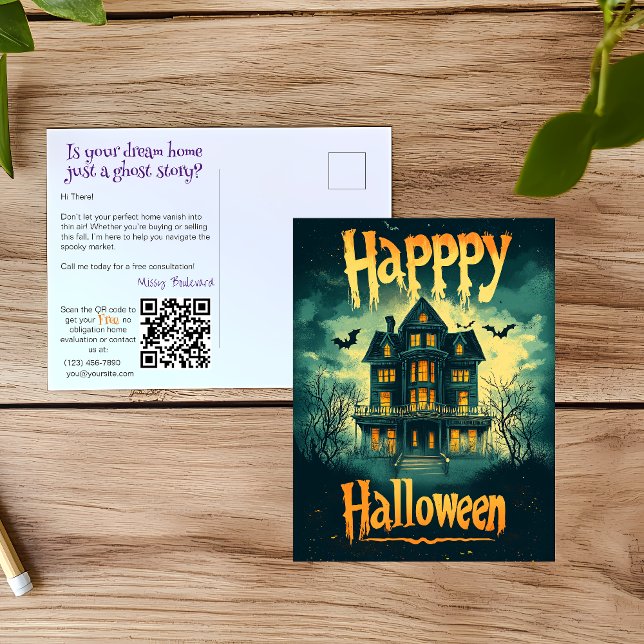 Cartes Pour Fêtes Annuelles Realtor Halloween Haunted House Publicité (Créateur téléchargé)