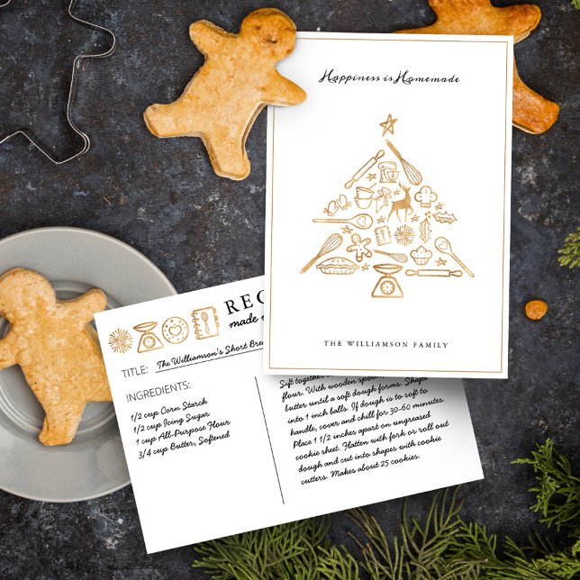 Cartes Pour Fêtes Annuelles Recette de l'Arbre à pâtisserie de Noël Gold & Whi (Christmas Baking Tree Gold & White Family Recipe Holiday Card)