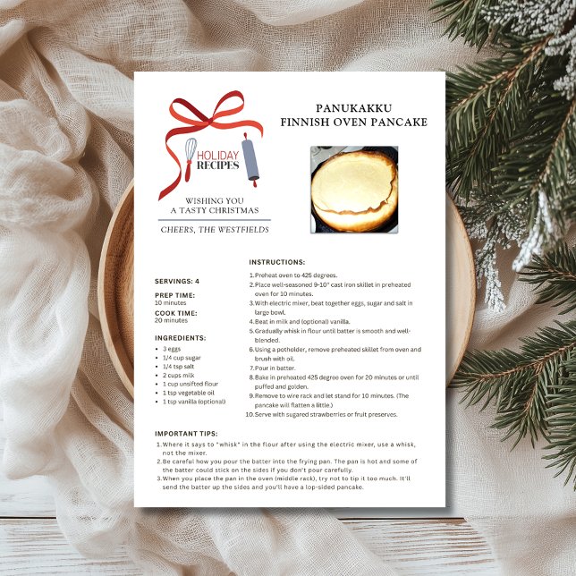 Cartes Pour Fêtes Annuelles Recette de vacances Pancake au four finlandais Car (Holiday Recipes Panukakku Finnish Oven Pancake Christmas Card 5x7)