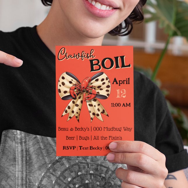 Cartes Pour Fêtes Annuelles Réchauffer l'écrevisse avec la cale léopard et la  (Crawfish boil invitation with cute mudbug sitting on a leopard print bow.  Fully customizable. )