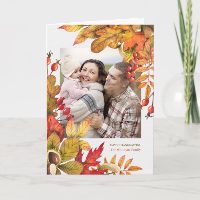 Cartes Pour Fêtes Annuelles Récolte d'action de grâce Feuilles Berries Vert Ph (Devant)