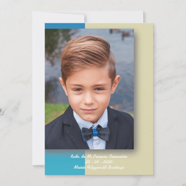Cartes Pour Fêtes Annuelles Recuerdo de Mi Primera Comunión en Azul y Beige (Devant)