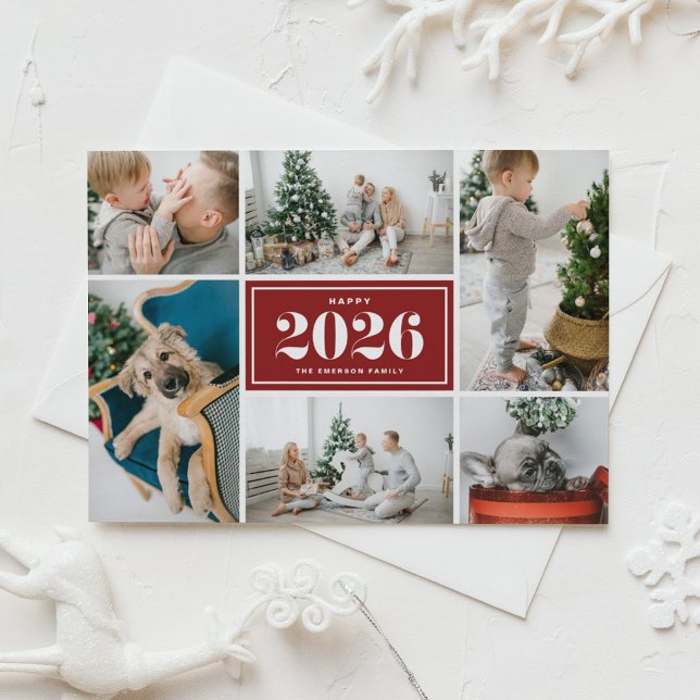 Cartes Pour Fêtes Annuelles Red 2025 Happy New Year Photo Collage (Send 2026 new year cheer with this customizable red photo collage Happy New Year Card. )