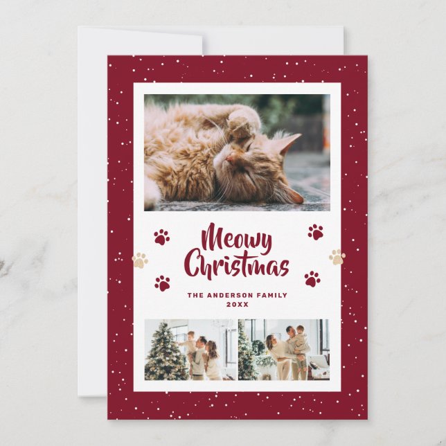 Cartes Pour Fêtes Annuelles Red 3 Photo Snow Paws Meowy Christmas Card (Devant)