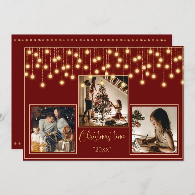 Cartes Pour Fêtes Annuelles Red 3 Photos Noël Temps Gold Holiday (Devant / Derrière)
