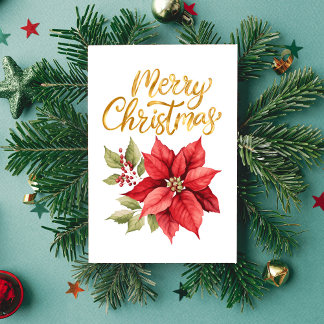 Cartes Pour Fêtes Annuelles Red and Gold Simple Classic Poinsettia